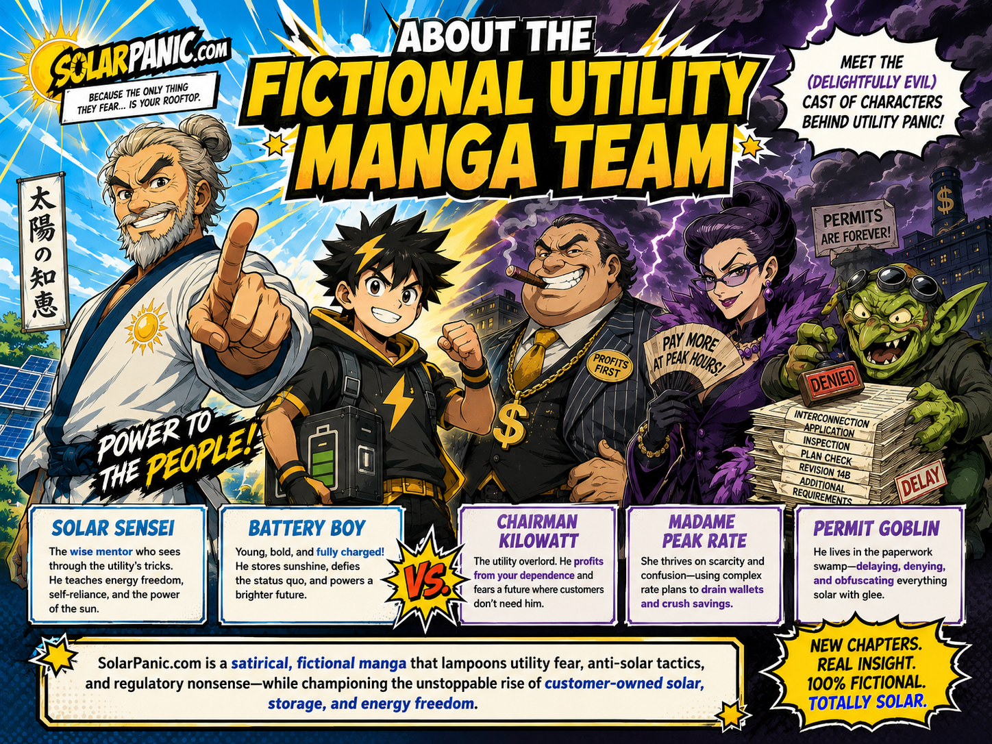 SolarPanic fictional utility manga team with heroes and villains