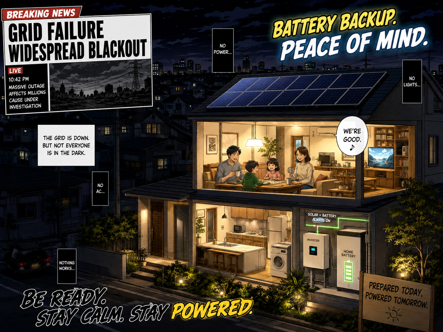 Calm solar battery backup home during grid failure