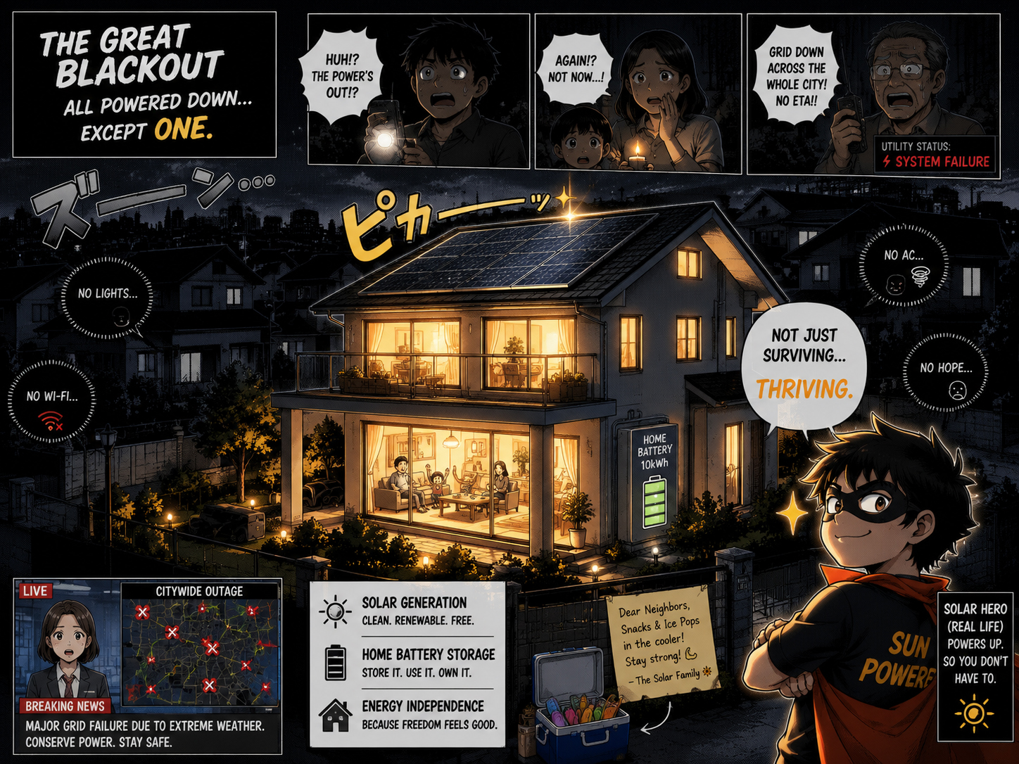 Solar battery backup house staying powered during blackout