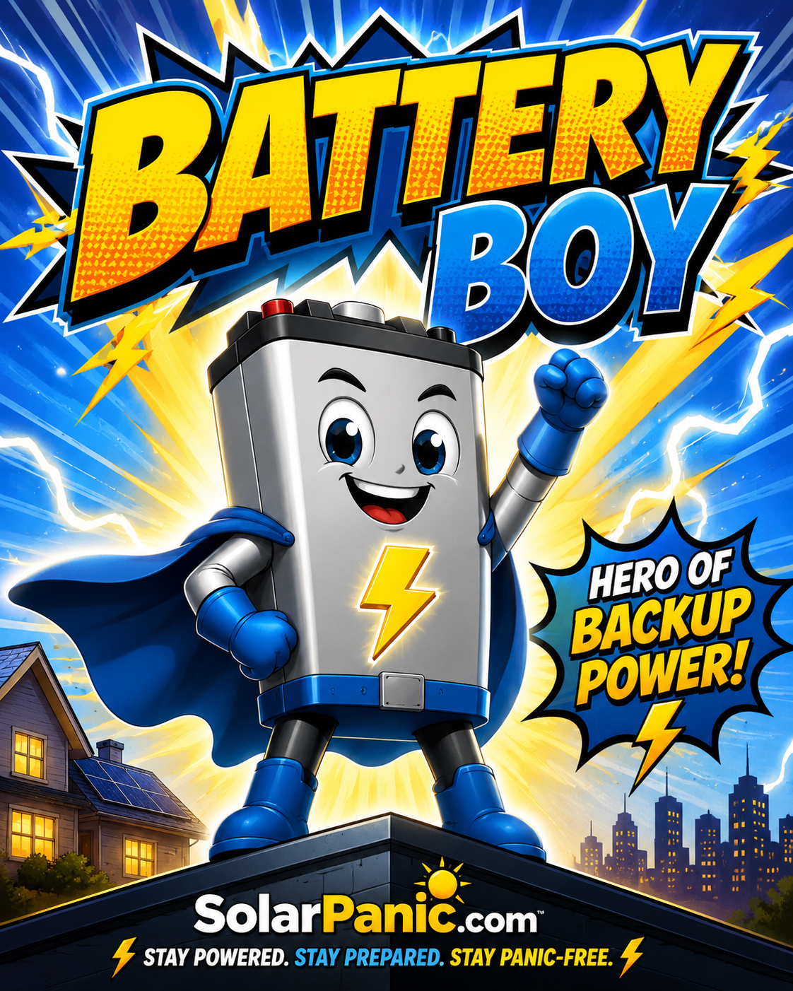 Battery Boy heroic solar battery backup character in manga style