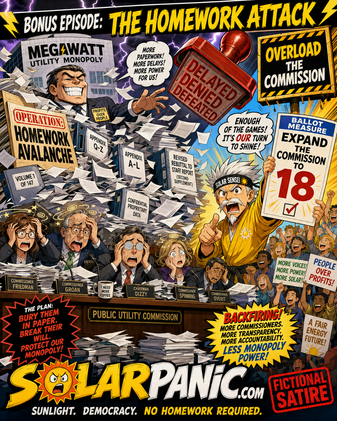 SolarPanic bonus episode homework attack with commissioners and paperwork