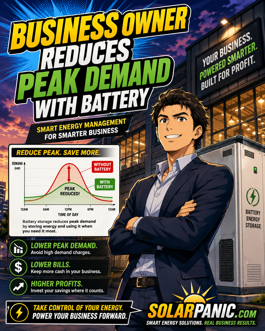 Business owner using battery backup and energy management in manga style