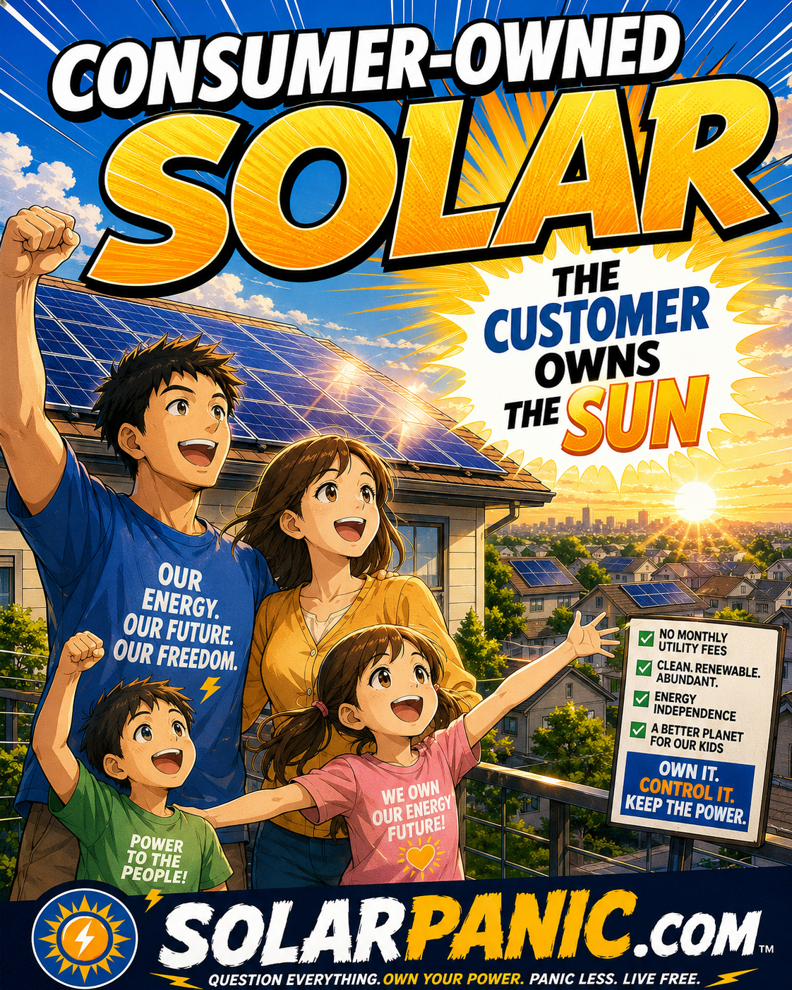 Family standing proudly under the sun with consumer-owned solar panels
