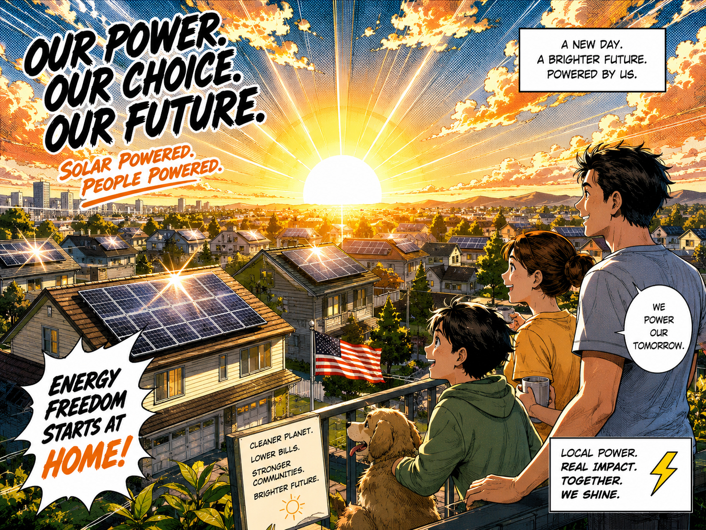 Consumer-owned solar sunrise over a neighborhood