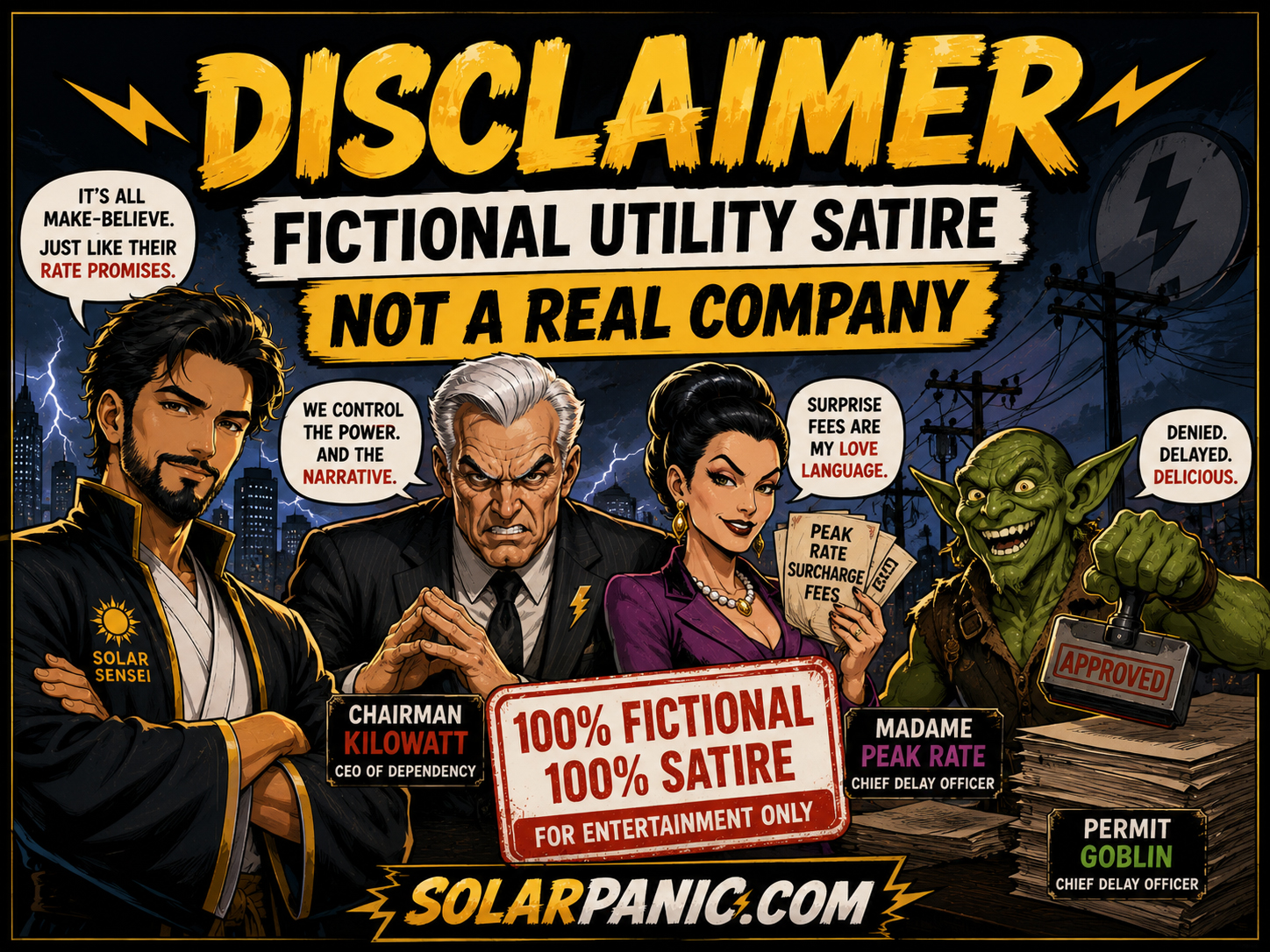 SolarPanic disclaimer artwork showing fictional utility satire not a real company