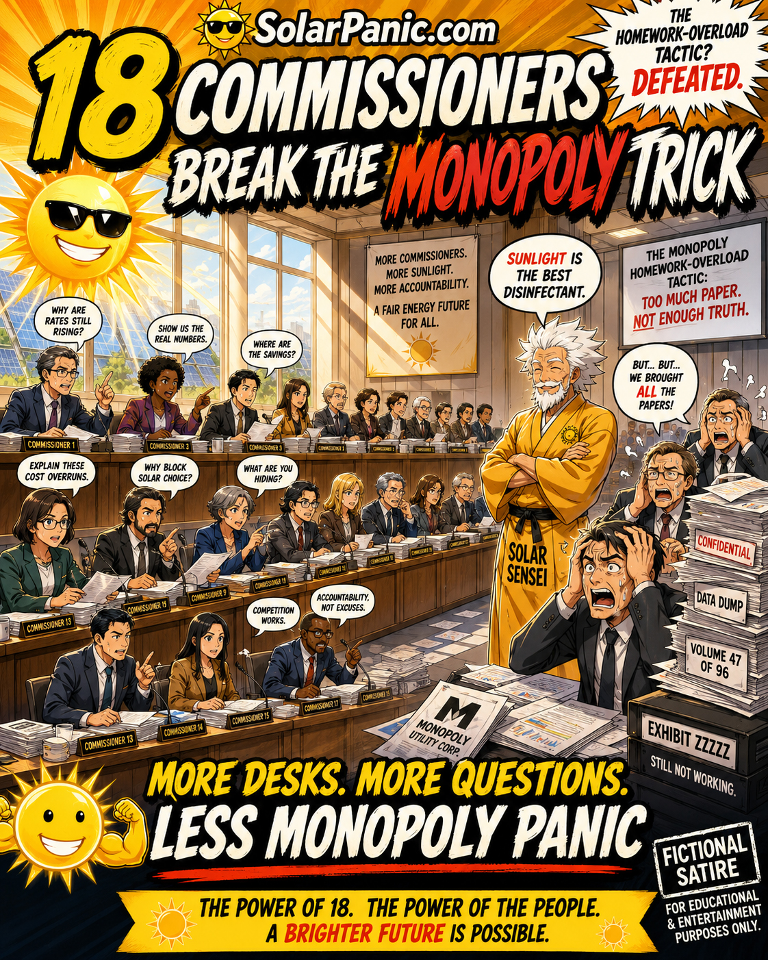 Eighteen commissioners breaking fictional monopoly paperwork tactics
