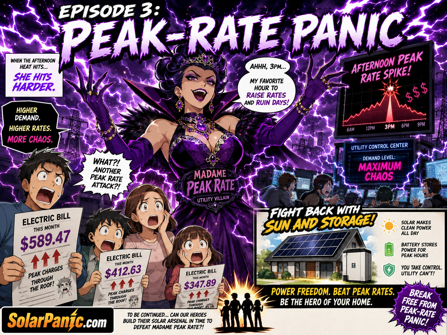 Episode 3 Peak Rate Panic manga poster with Madame Peak Rate and solar battery timing