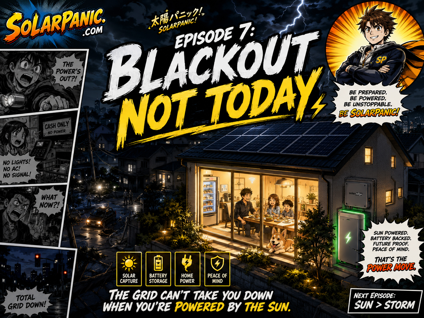 Episode 7 manga poster showing a solar battery home staying useful during a blackout