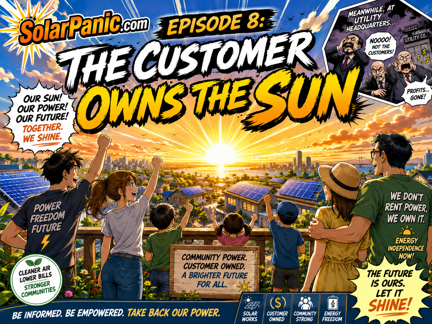 Episode 8 manga poster showing the customer owning the sun with solar panels and fictional utility panic