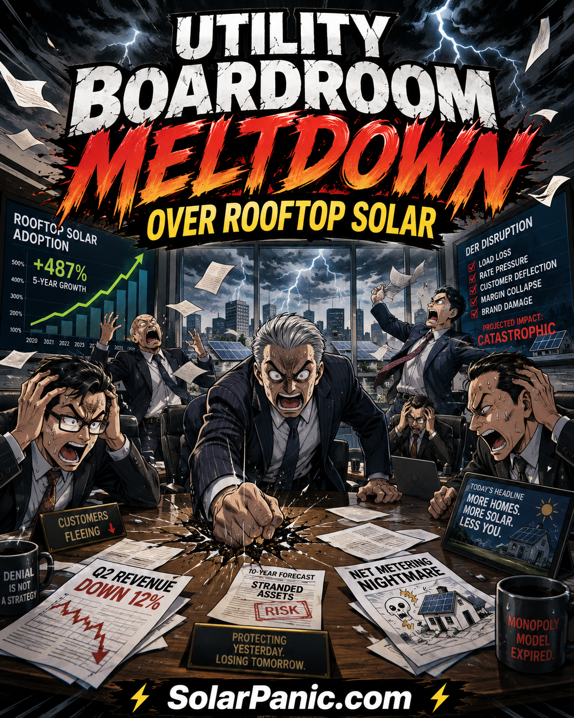 Fictional utility boardroom meltdown over rooftop solar