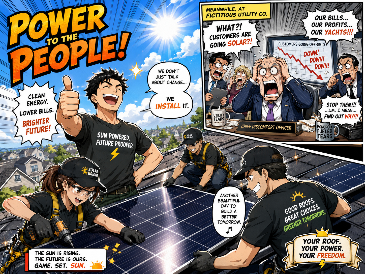 Homeowner installing solar while fictional utility executives panic