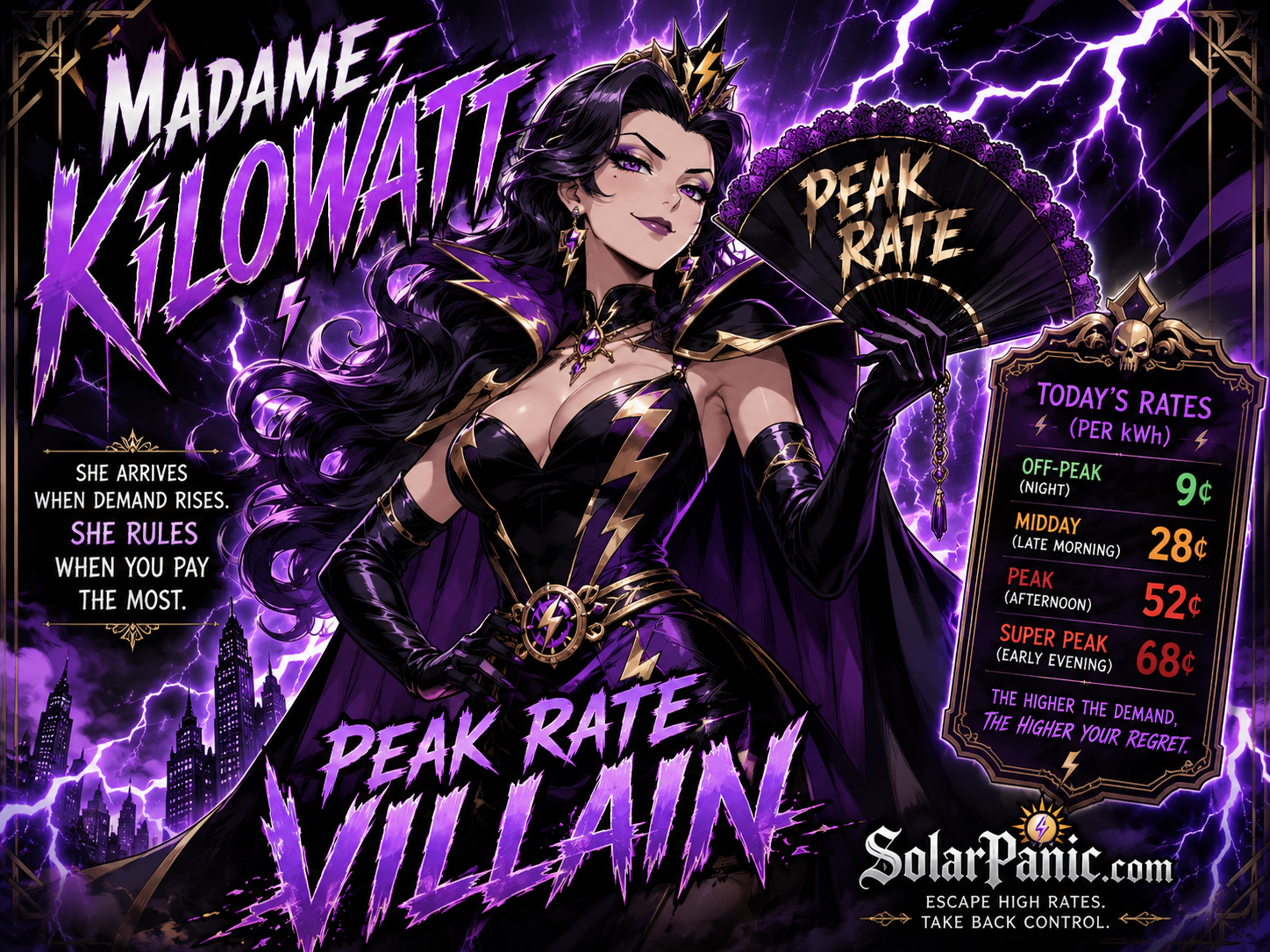 Madame Kilowatt peak-rate villain in manga style