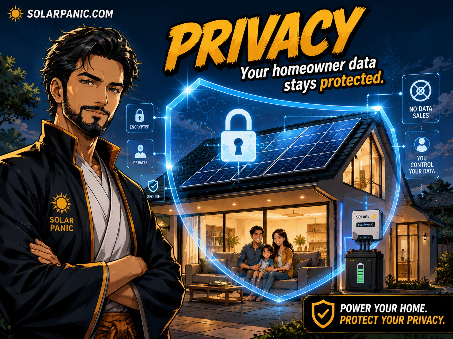 SolarPanic privacy scene showing homeowner data protected with solar imagery
