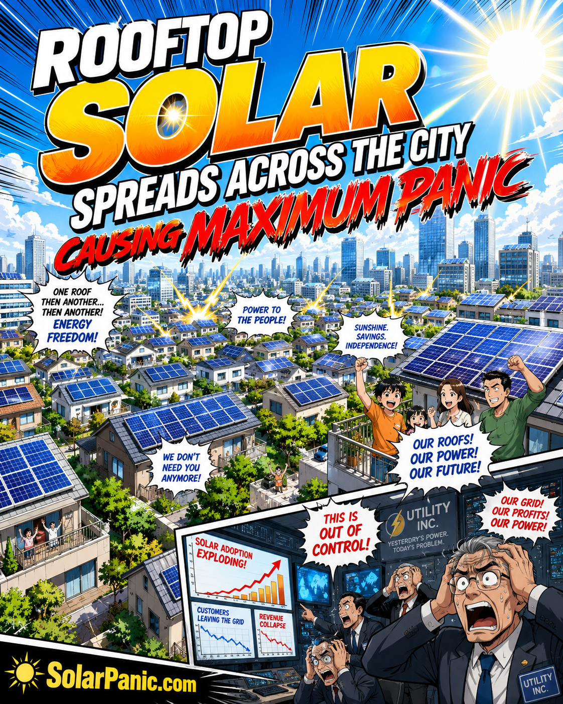 Rooftop solar spreading across a city and causing fictional utility panic