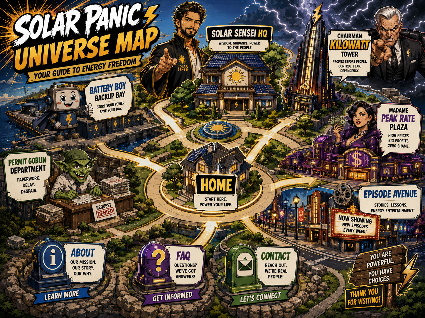 SolarPanic universe sitemap map in manga style