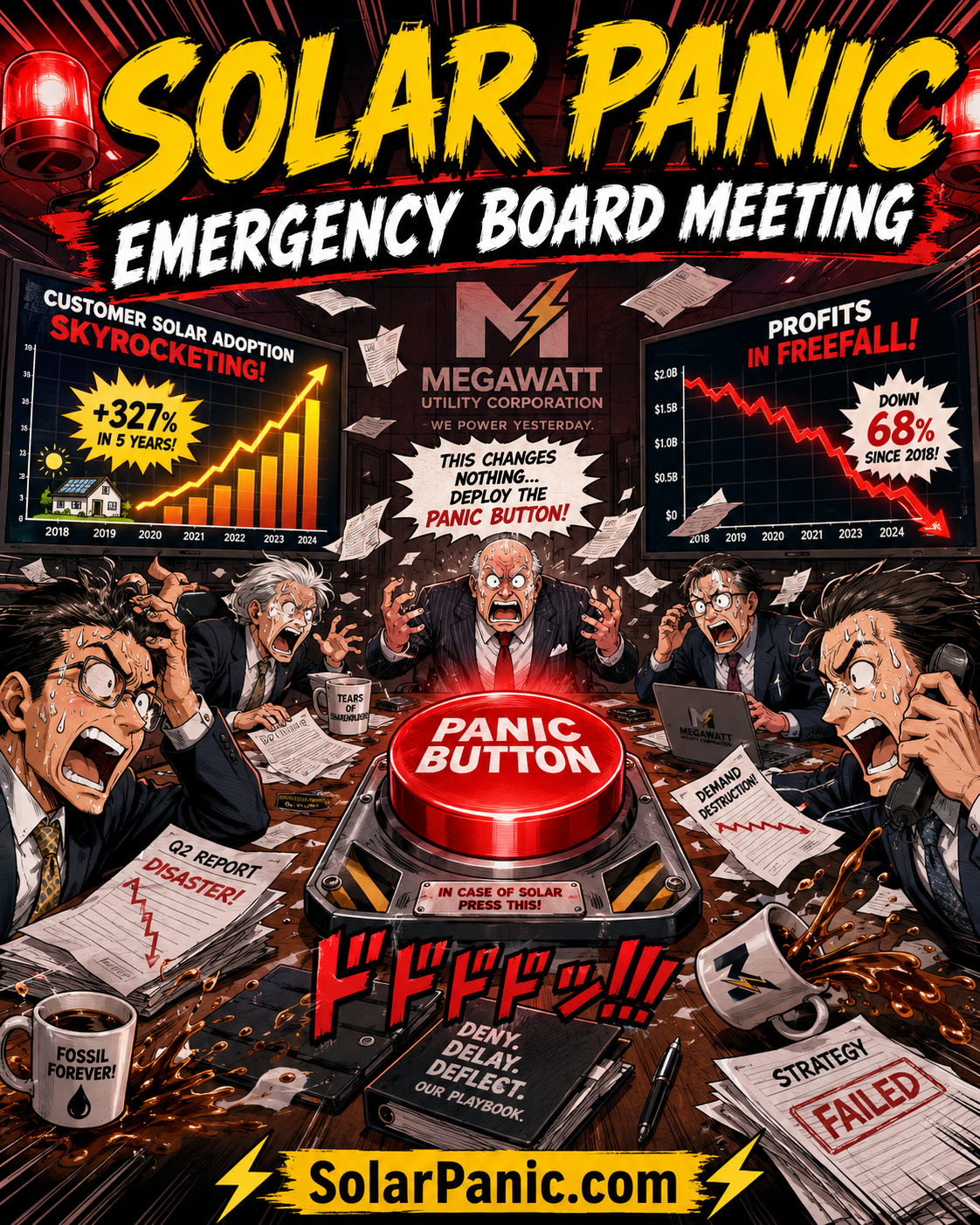 Emergency fictional utility board meeting about solar panic