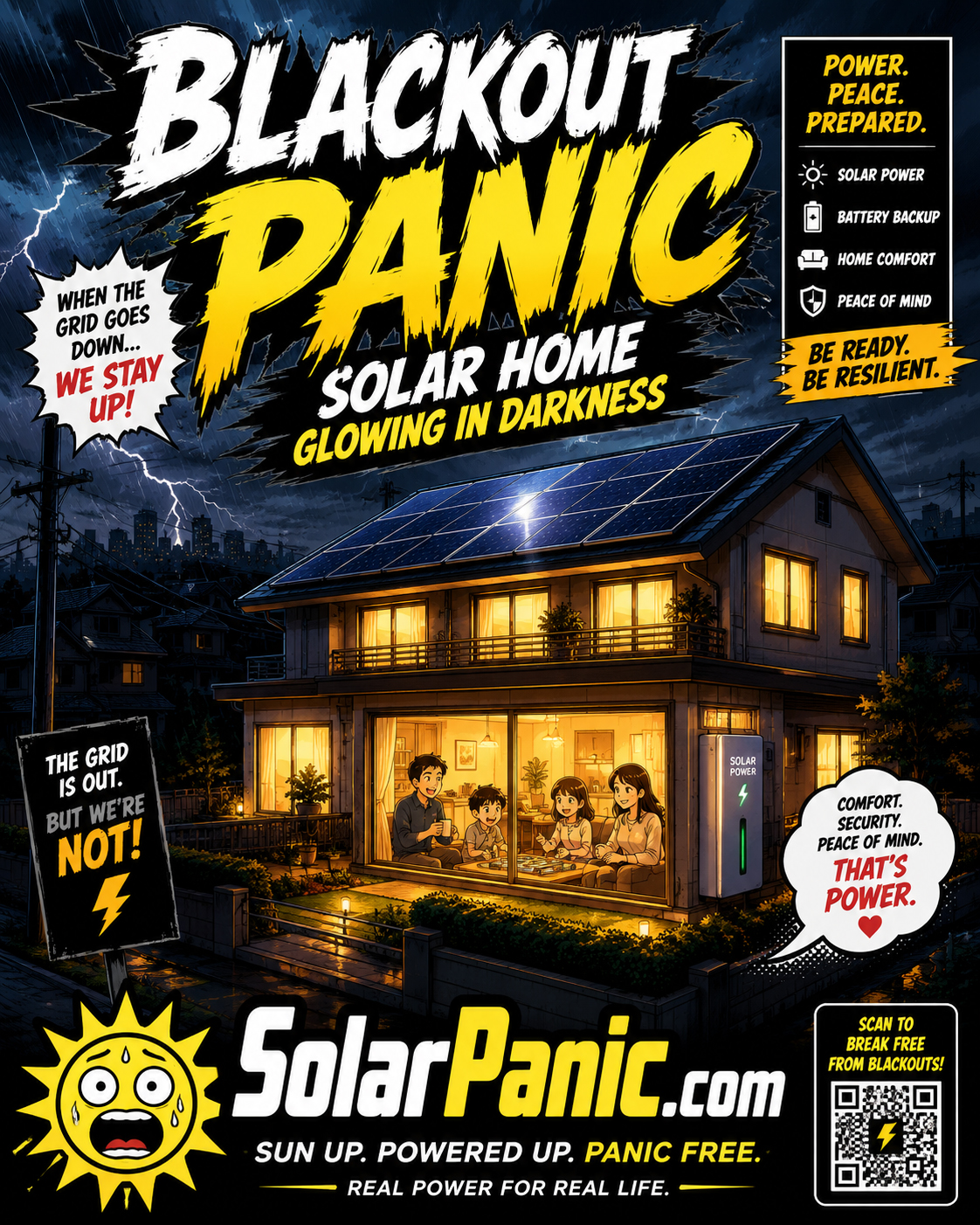 Manga chart showing fictional utility panic over lower electric bills from solar